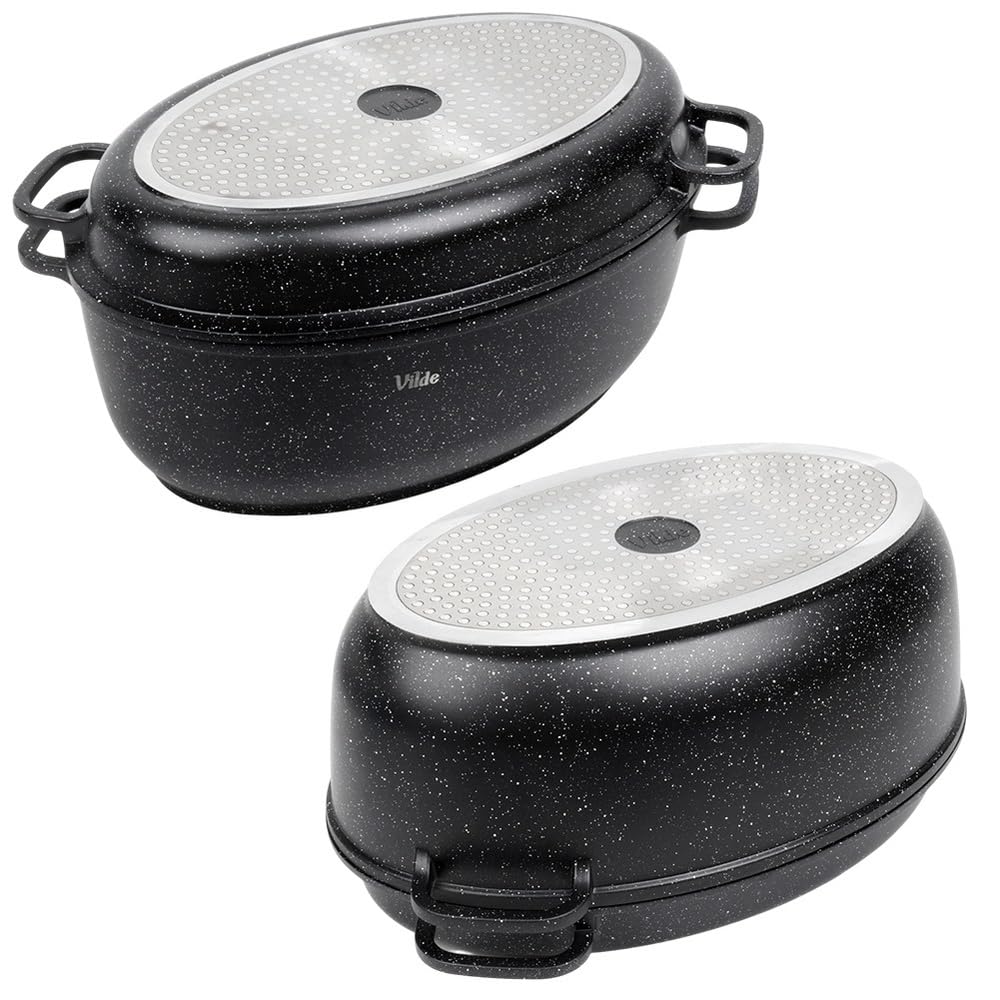 Vilde Granitowa patelnia z pokrywką 39 x 26,5 x 18 cm – brytfanna 8 l + 3,2 l – piekarnik 2 w 1 z grillem – powłoka granitowa, do kuchenek indukcyjnych, gazowych, elektrycznych