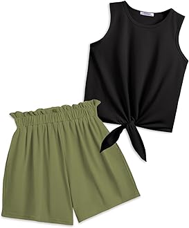 Arshiner Girl's 2 Piece Outfits Tie Knot Tank Top and Paperbag Waist Pocketed Summer Short Sets