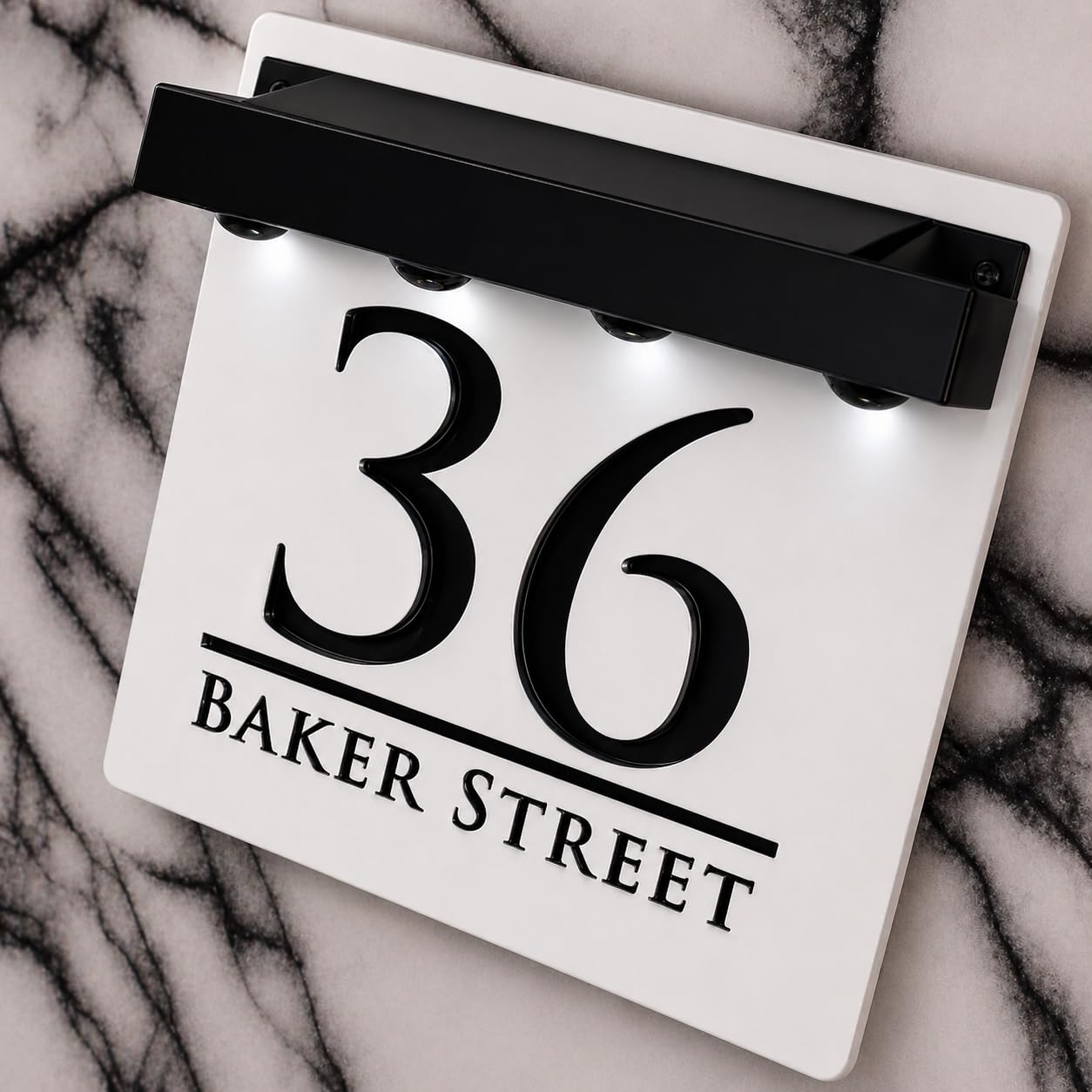 K Smart Sign | Bellissima S1 LED F32 | Square Solar Light House Signs Door Number Plaques With LED Personalised Name Address Sign For Wall With Classic Text (Matt White & Gloss Black)