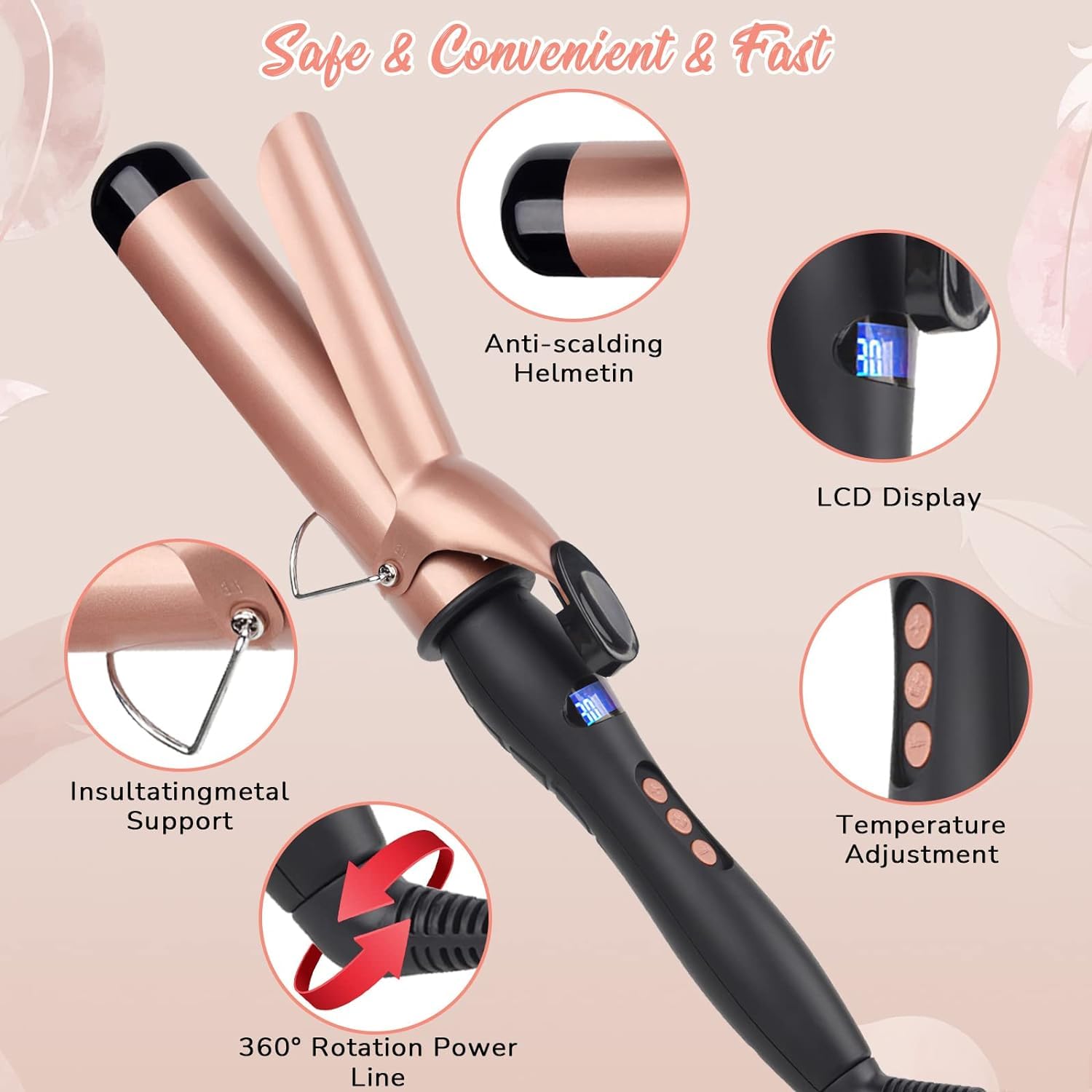 Curling Iron, Hair Curling Iron Curling Wand Set with Gloves, 25mm Instant Heat Up Hair Curler with LCD Display,Temperature Adjustment, Auto Shut Off, Dual Voltage