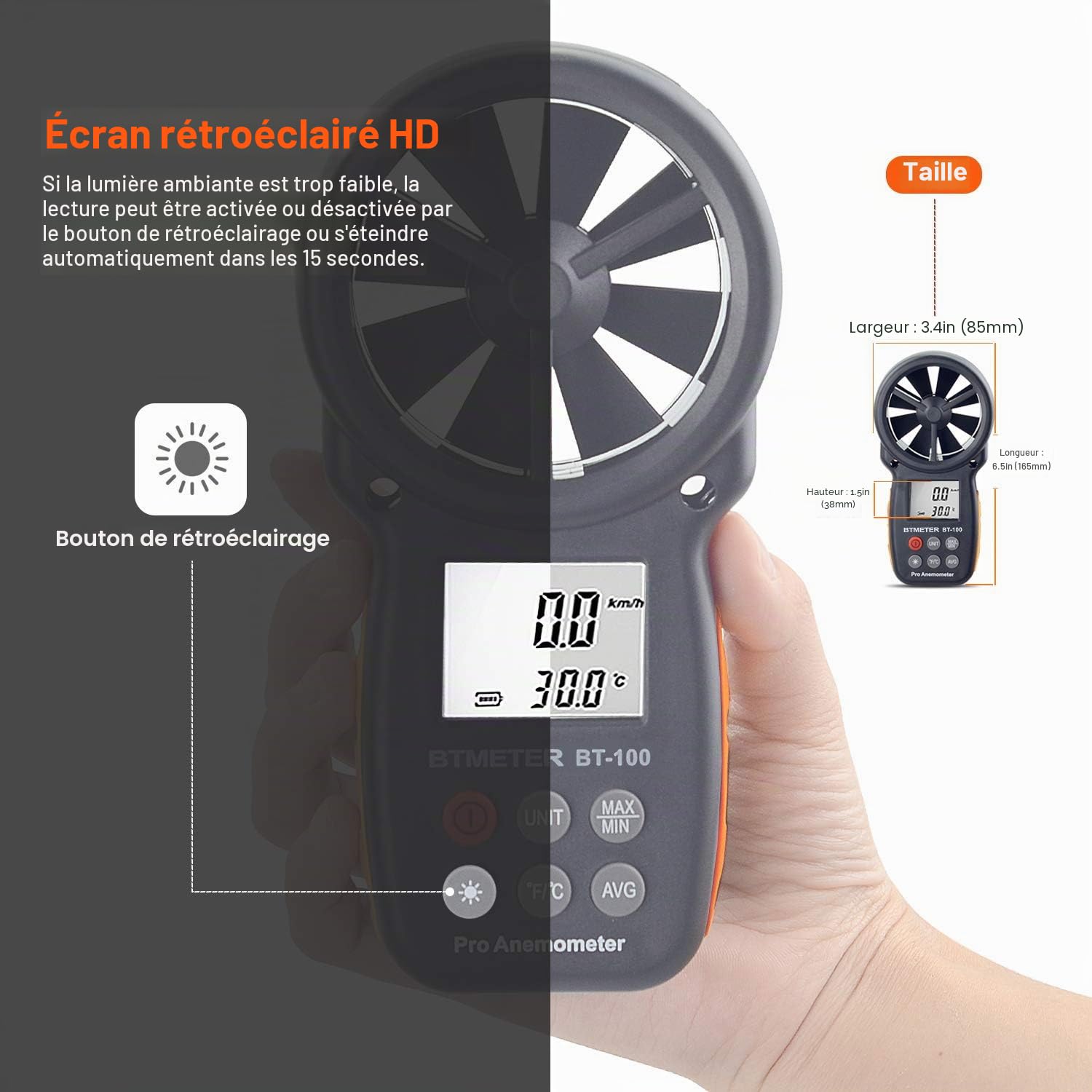 BTMETER Anémomètre numérique portatif BT-100, jauge de vitesse du vent, mesure avec précision la vitesse du vent et la température pour CFM, avec MAX/MIN/AVG, rétroéclairage LCD, CVC