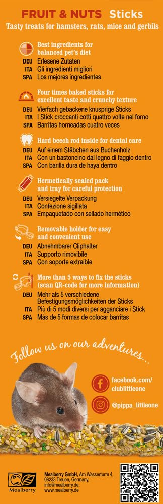 Little One Fruit & Nuts Sticks | 120 g (2 x 60 g) | Snack complementario para hámsters, Ratas, Ratones y jerbos | con Frutas y nueces | Fácil de Sujetar