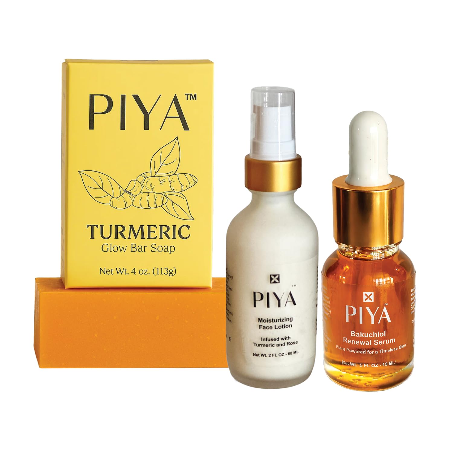 Piya Turmeric Soap Bar, Face lotion and Bakuchiol Serum (3 Pack) with small size Anti-aging ritual Set for All Skin Types- Vegan, Made in USA