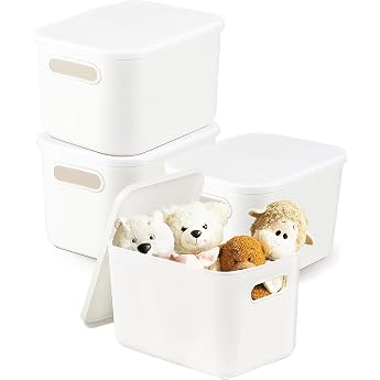 Storage Box with Lid Pack of 4 Plastic Boxes with Handle Versatile Storage Basket Organiser Boxes Bathroom Organiser Storage Box for Kitchen Bathroom Office Shelf 4 Pieces M