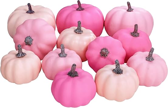 12 Pcs Assorted Small Fall Artificial Pumpkins Faux Pink Pumpkins Decorative Pumpkins Foam Pumpkins for Gifts Fall Wedding Baby Shower Halloween Thanksgiving Table Centerpiece Farmhouse Decor