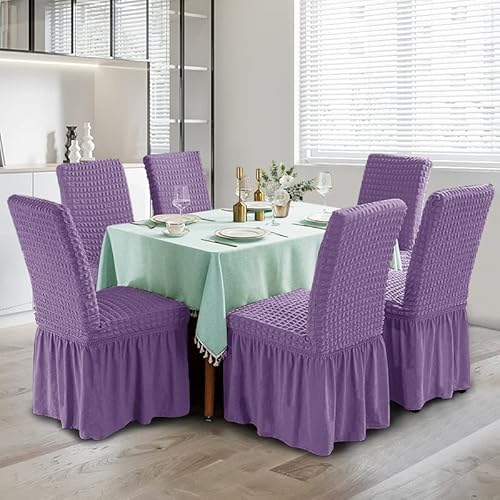 Dining Room Chair Slipcovers 1-Piece Stretch Purple Dining Chair Covers Non Slip Washable Furniture Protector With Skirt Country Style For Hotel Ceremony Party (Purple) #TOP1