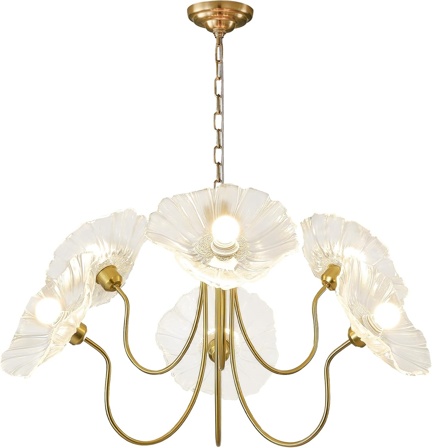 33.4" Modern Floral Glass Chandelier, 6-Light Extra Large Ceiling Light Fixture with Clear Flower Shades, Brass Gold Accents for Living Room, Bedroom, Dining Room