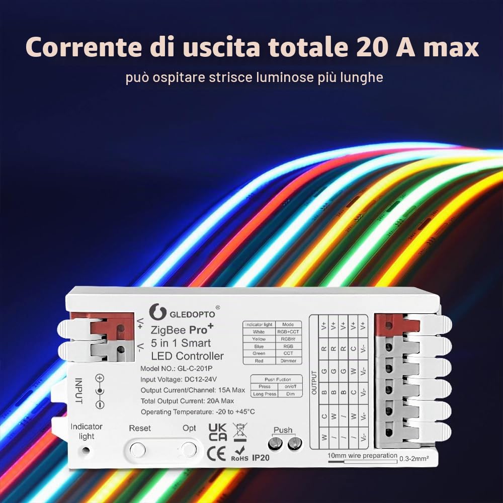 GLEDOPTO ZigBee 3.0 Pro+ 5 in 1/3 in 1 Controller LED 20A Max RGBCCT/RGBW/RGB/CCT/Dimmer funziona con Alexa H*ue Tuya Smart Life APP Control (201p-5 in 1 LED Controller)