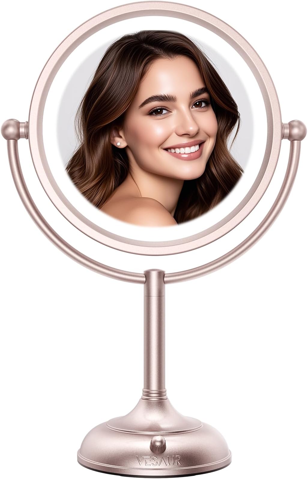 VESAUR Lighted Makeup Mirror Rose Gold Nickel, Double Sided 1X/10X HD Undistorted Magnifying Mirror, 8.5" Vanity Mirror with 3 Colors Dimmable 90 Bright LEDs, 360°Swivel Two Power Supply, Luxury Gifts
