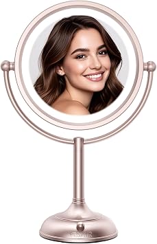 Professional 8.5" Large Lighted Makeup Mirror with Brighter Lights, 1X/10X True HD Magnifying Mirror with 3 Color Dimmable Lights, 90 Shadowless LEDs,360Swivel Seamless Vanity Mirror,Rose Gold Nickel