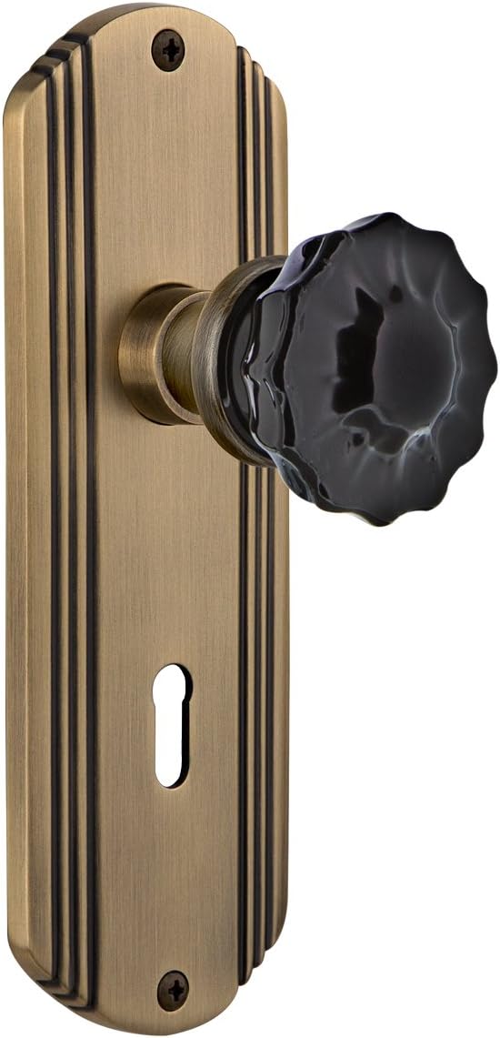 Nostalgic Warehouse Deco Plate with Keyhole Crystal Black Glass Door Knob , Passage 2.375", Bright Chrome