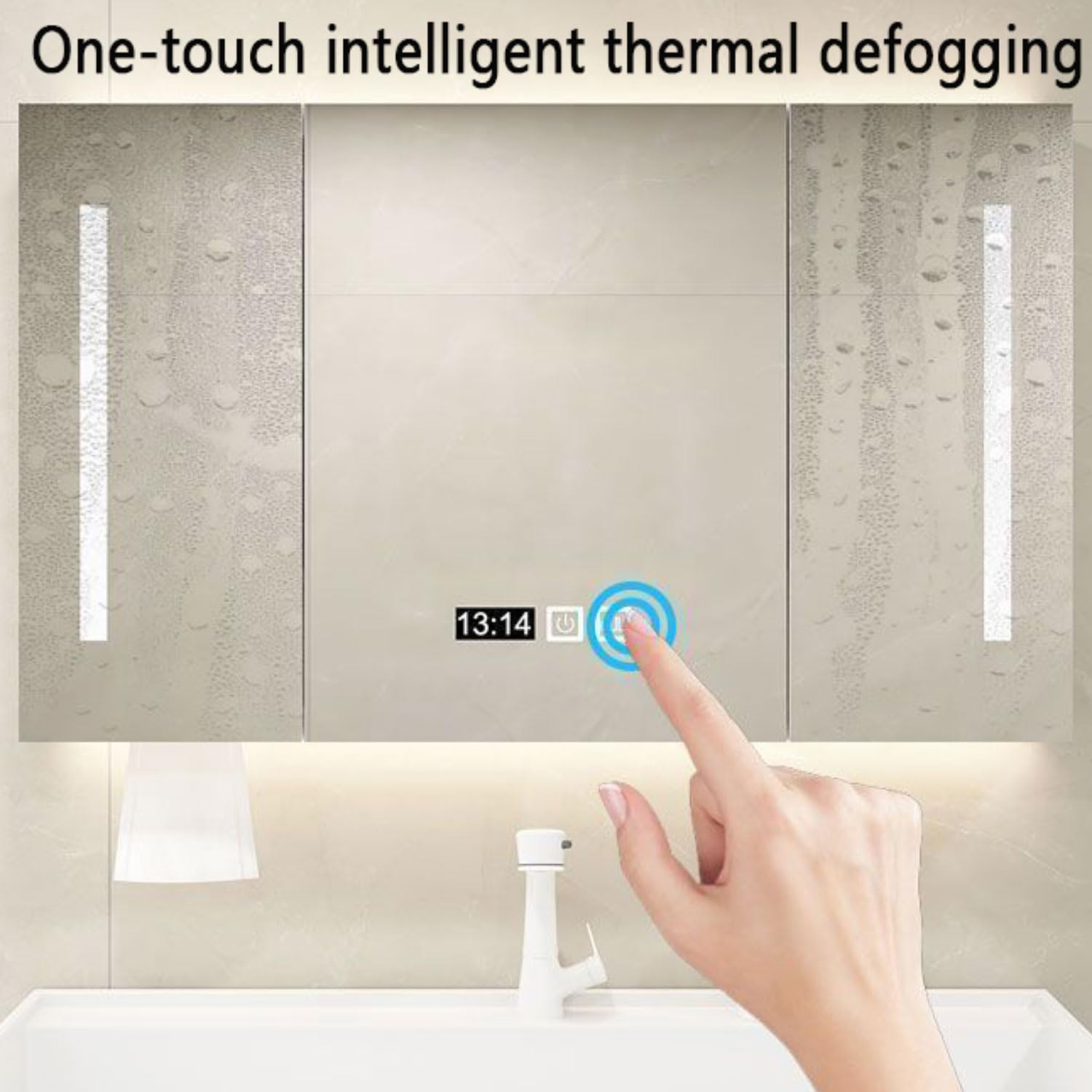 Wandmontierter Smart Badezimmer-Spiegelschrank mit LED-Defogger, stufenloses Dimmen, Lagerzeit und Temperaturanzeige, perfekt für Make-up und Pflege