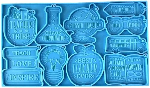 Miniatura 9 de Llavero del Día del Maestro, molde de resina epoxi, moldes de silicona con forma de lápiz, moldes de silicona para bolsa escolar, libro de autobús,