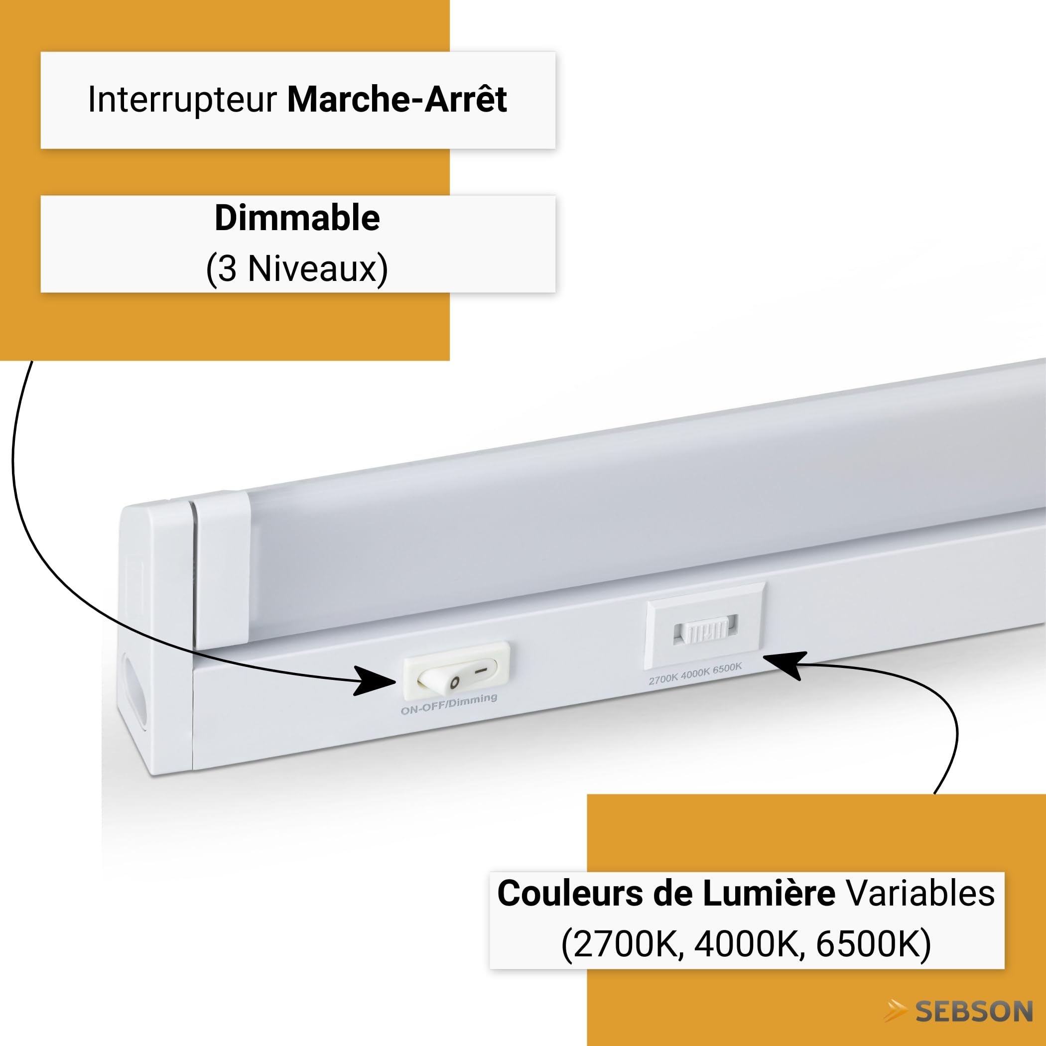SEBSON Reglette LED sous Meuble Cuisine 110cm Dimmable 3 Couleurs 2700K/4000K/6500K Orientable Interrupteur Prise 230V Barre LED Prolongeable
