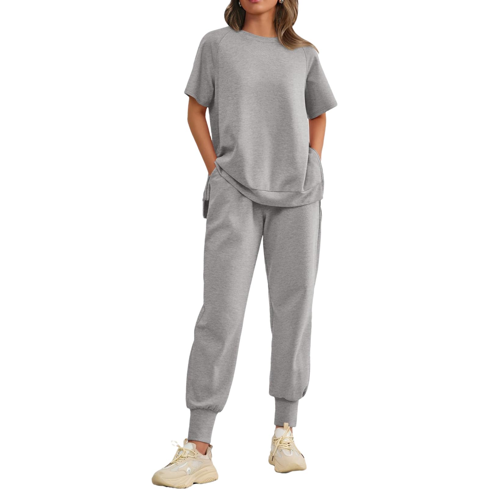 amropi Femmes Été Survêtement de Sport Manches Courtes Ensemble de Haut Fendu et Pantalon de Jogging