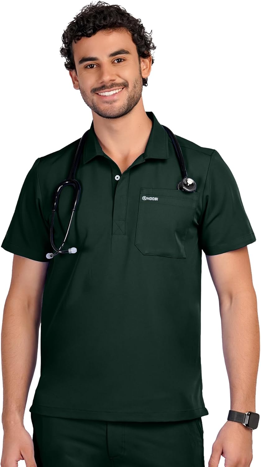 Liam Scrub Top for Men, Anti-Wrinkle 4-Way Stretch, Moisture-Wicking Short Sleeve Polo, Classic Fit with 2 Pockets