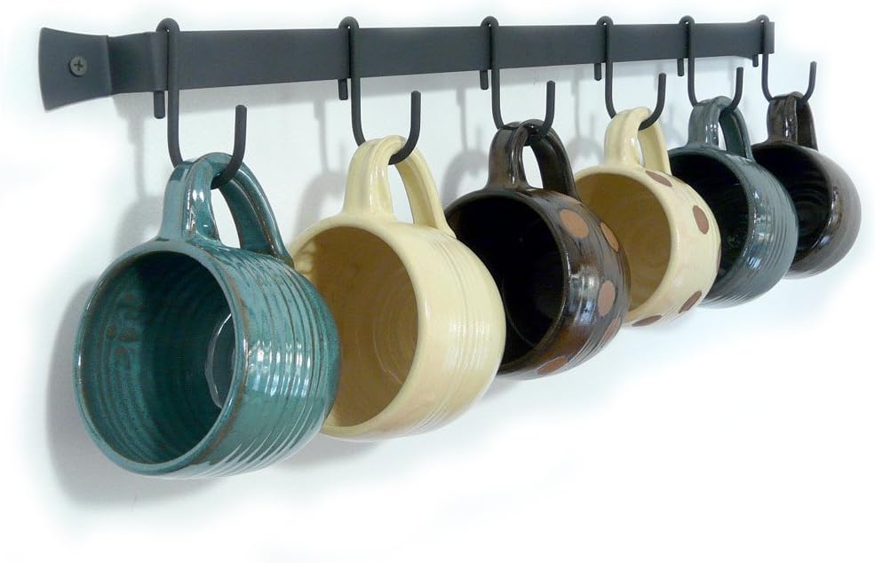 WallMounted Wrought Iron Mug Rack, 24" with 6 Cup Hooks