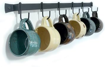 Wall-Mounted Wrought Iron Mug Rack, 24.5" with 6 Cup Hooks, Made in USA