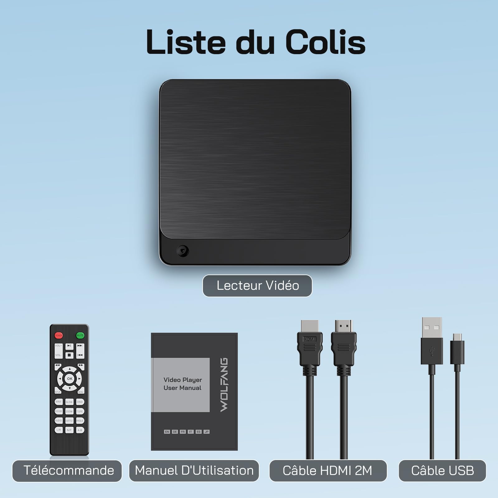 WOLFANG Lecteur DVD pour TV avec HDMI, Full HD 1080P sans Région, télécommande et Câble Type-C, Lecteur CD pour Chaîne Stéréo, Port USB 2.0 ((Pas de Blu-Ray/Disques Disney)