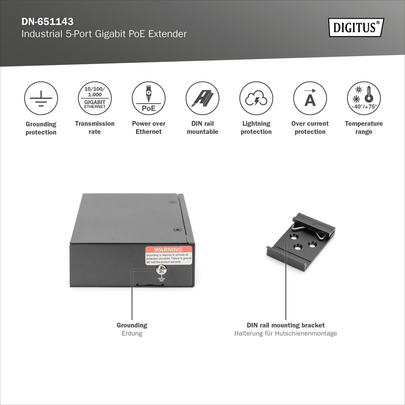 DIGITUS Extensor PoE Gigabit Industrial de 5 Puertos - 1 Puerto RJ45 de Entrada 802.3bt - 4 Salidas RJ45 PoE 802.3af/at - conectable en Cascada - 10/100/1000 Mbit/s - Negro
