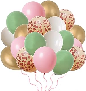 Finypa 80Pcs Jungle Safari Balloons Party Balloons set Animal Printed Pink Sage Green Balloons Wild One Giraffe Leopard Safari Baby Shower Decorations for Girl Birthday Party Supplies