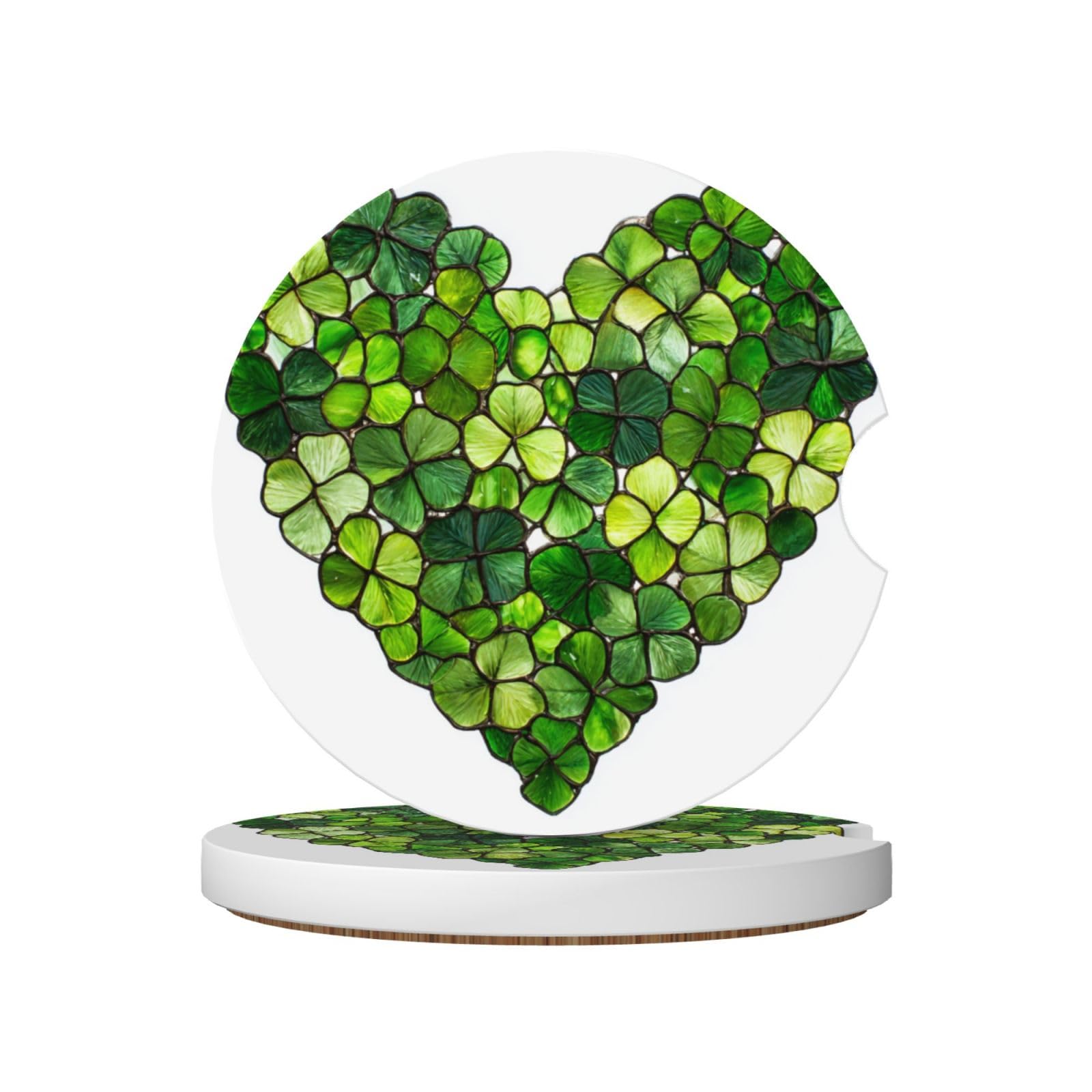 Stained Glass Heart Shape Shamrocks Green Ceramic Coasters,2pcs
