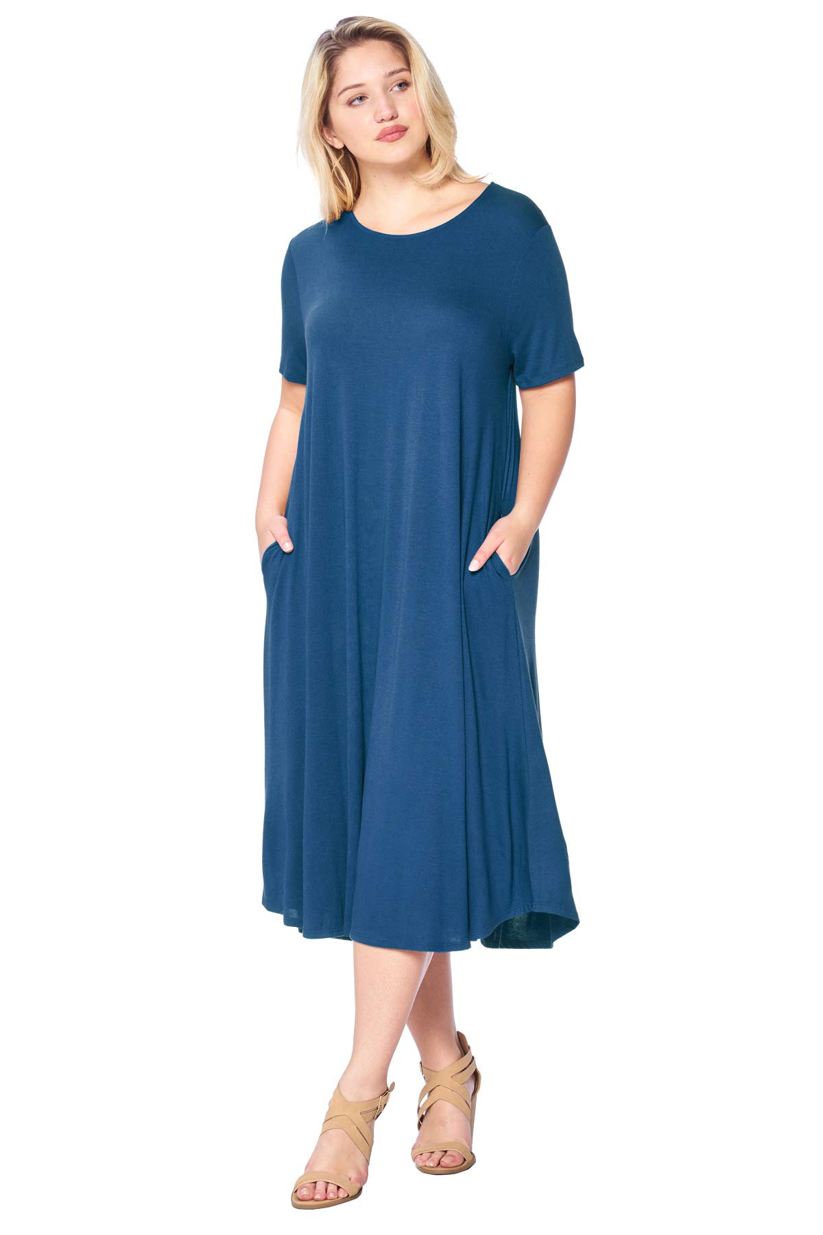 Modern KiwiWomen's Plus Size Short Sleeve Flowy A-Line Pocket Midi Maxi Dress (1X-5X) Made in USA