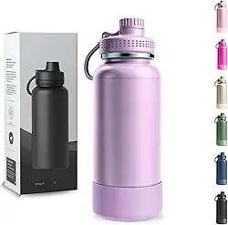 Garrafa Térmica 1000ML - Duplamente Isolada a Vácuo, Aço Inox 304, Capa Protetora da Base de Silicone, Mantém Bebidas Gelada 24 horas e Quente 12 horas (Lilás Wide)