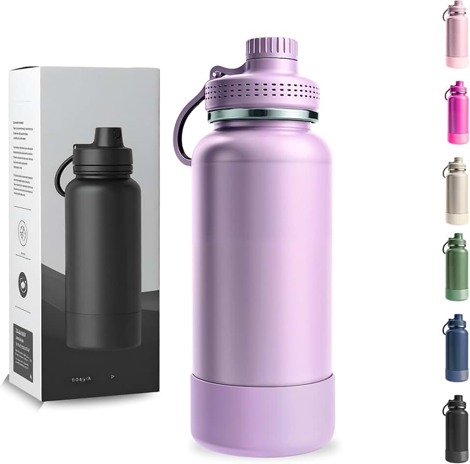 Garrafa Térmica 1000ML - Duplamente Isolada, Aço Inox 304, Base Emborrachada Anti Derrapante, Mantém Bebidas Quentes por 12 Horas e Geladas por 24 Horas (Lilás Wide)