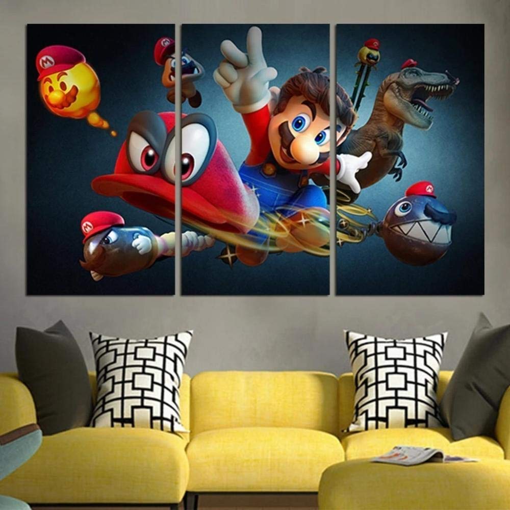 DDSDA Leinwand Wand Kunst Malerei Motiv, 3-teilig auf Leinwand (Gesamtformat: 120X60 cm) Super Mario Odyssee Hochwertiger Kunstdruck als Wohnkultur Gürtelrahmen