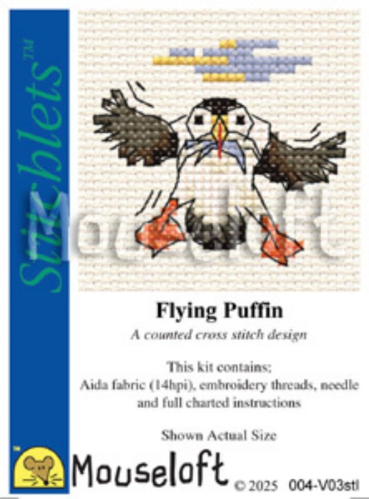 Mouseloft Mini Cross Stitch Kit - Flying Puffin, Stitchlets Collection