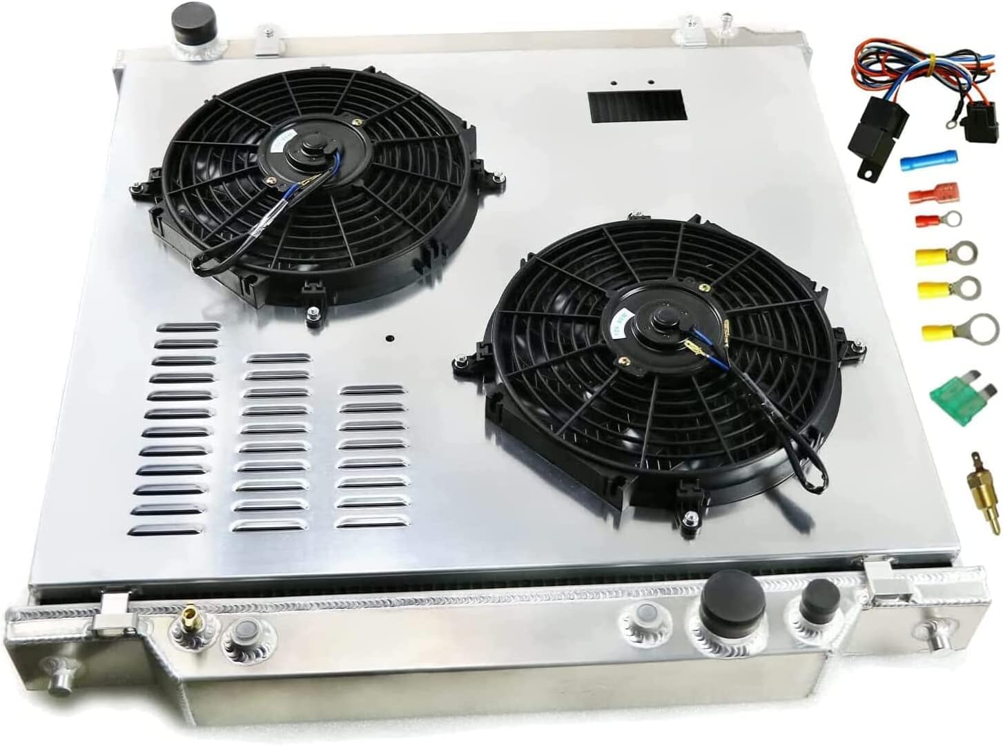 3 Row Aluminum Radiators Compatible with 1999-2005 Ford F250 F350 F450 6.8 7.3 Powerstroke Radiator Electric Fan Shroud Thermostat Kit Combo 2000 2001 2002 2003 2004