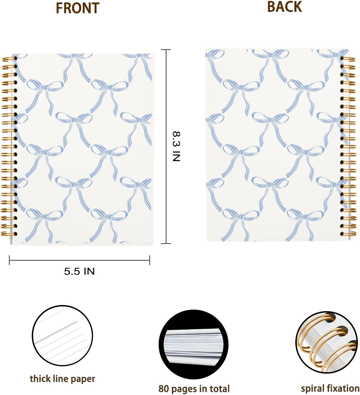 OXW Coquette Blue Bow Notebook Journal, Preppy Cute Notebook School Supplies for Women Teen Girls, Coquette Gifts Stuff Stationary, Girly Work Notebook for Women, Spiral Notebook 5.5 x 8.3 - Image 4