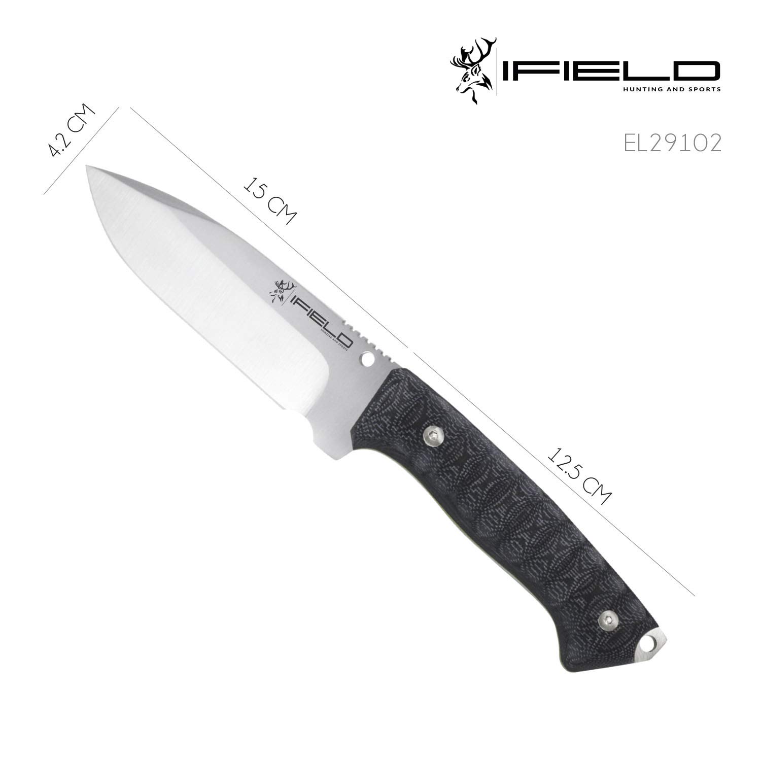 iFIELD Cuchillo de caza deportivo modelo Workout EL29102, hoja de 15cm MOVA satinado, largo total 27,5cm, incluye funda táctica de nylon, herramienta de camping para pesca, caza, actividad deportiva