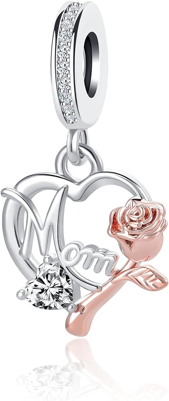 Mom Charm Compatible with Pandora Bracelet Women Rose Gold Flower Love Heart Dangle Mother Bead from Daughter Son Birthday
