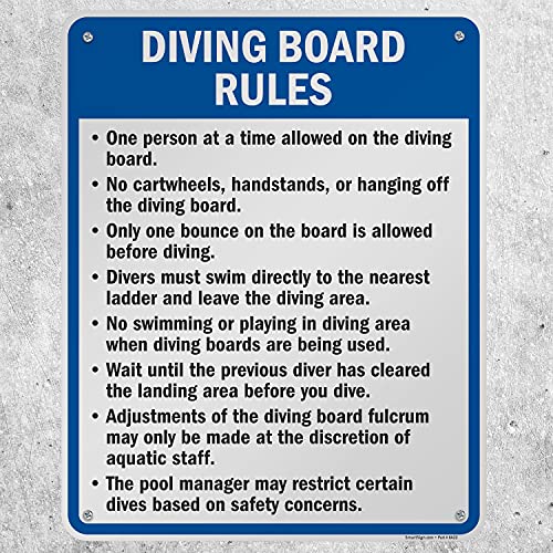 SmartSign 30 x 24 inch \"Diving Board Rules - One Person At A Time, No Cartwheels, Handstands Or Hanging~ Metal Sign, 80 mil Laminated Rustproof Aluminum, Blue, Black and White, Made in USA