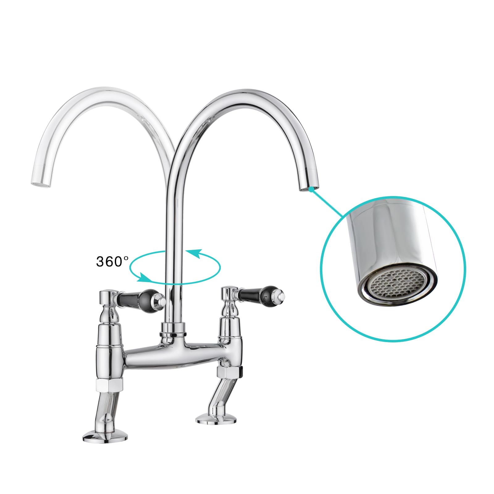 JASSFERRY Robinet mitigeur traditionnel en céramique noire avec poignées à levier montées sur le plateau monobloc classique 2 trous pour évier de cuisine chromé avec bec pivotant