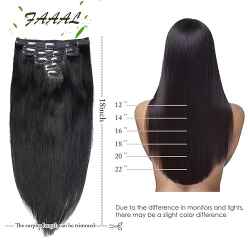 Miniatura 2 de Extensiones de cabello humano con clip de 18 pulgadas, cabeza completa, 4.23 onzas, 7 piezas, 16 clips de color negro azabache, extensiones de