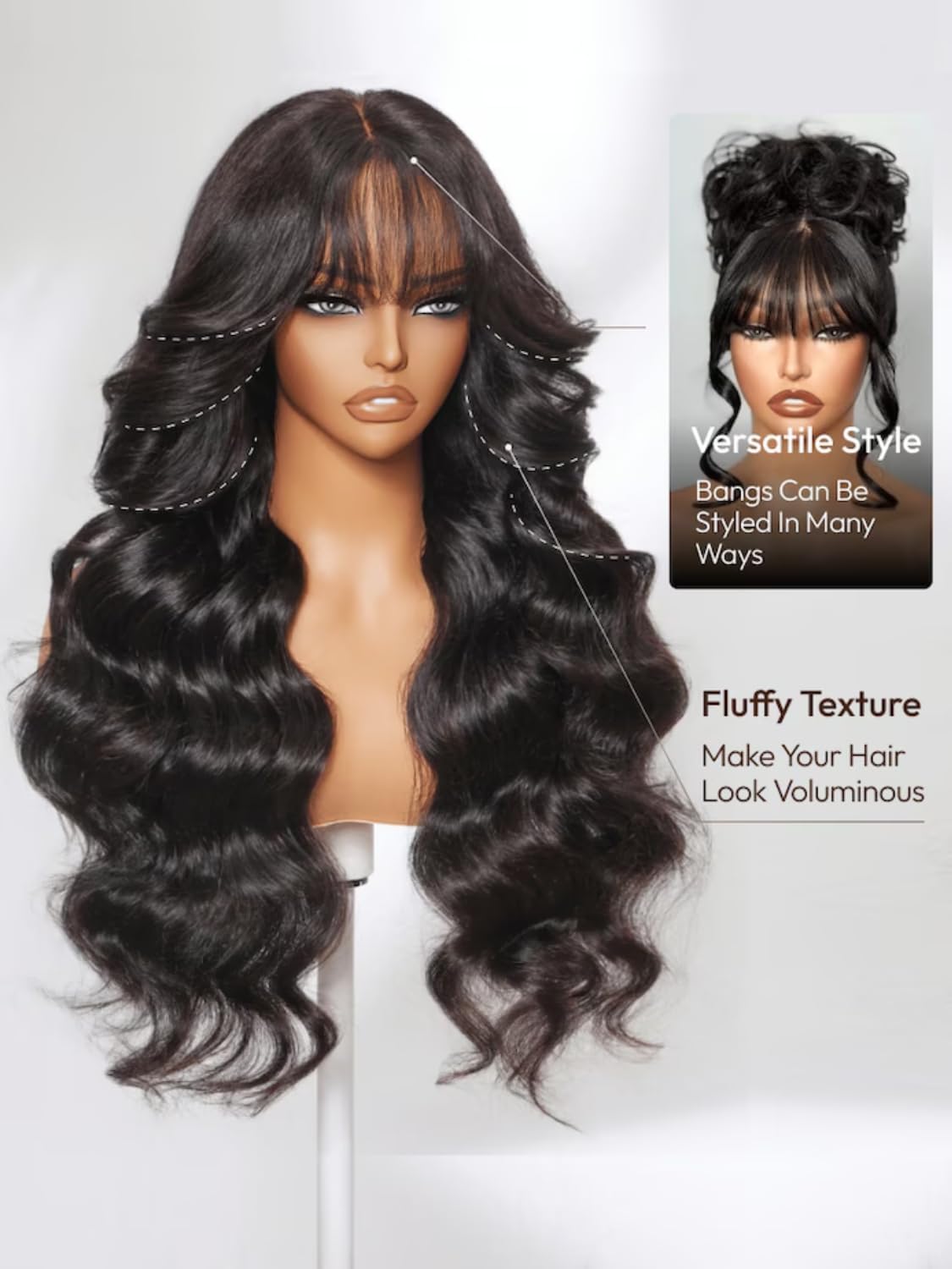 UNICE Loose Wave 7x5 Lace Front Wigs Human Hair with Curtain Bangs Bye Bye Knots Glueless Human Hair Wig Pre Plucked Pre Cut Bleached Knots Put on and Go Wig for Women 180% Density 18 Inch