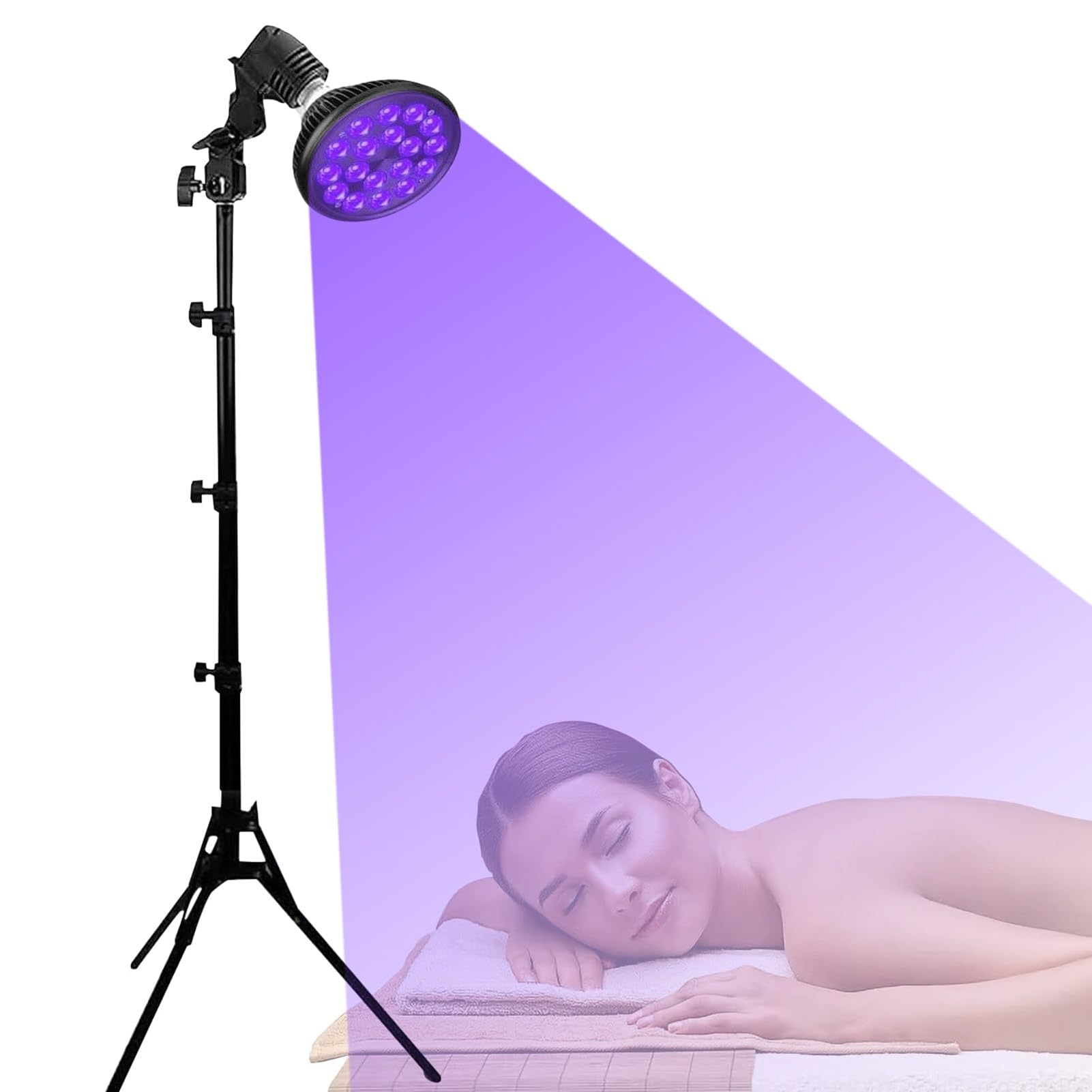 Lampe De Bronzage avec Masque pour Yeux Et TréPied, 18 LED 395 Nm Appareil Autobronzant pour Bain De Soleil à Domicile, Lampadaire LumièRe Violette 54w, pour Corps Et Visage