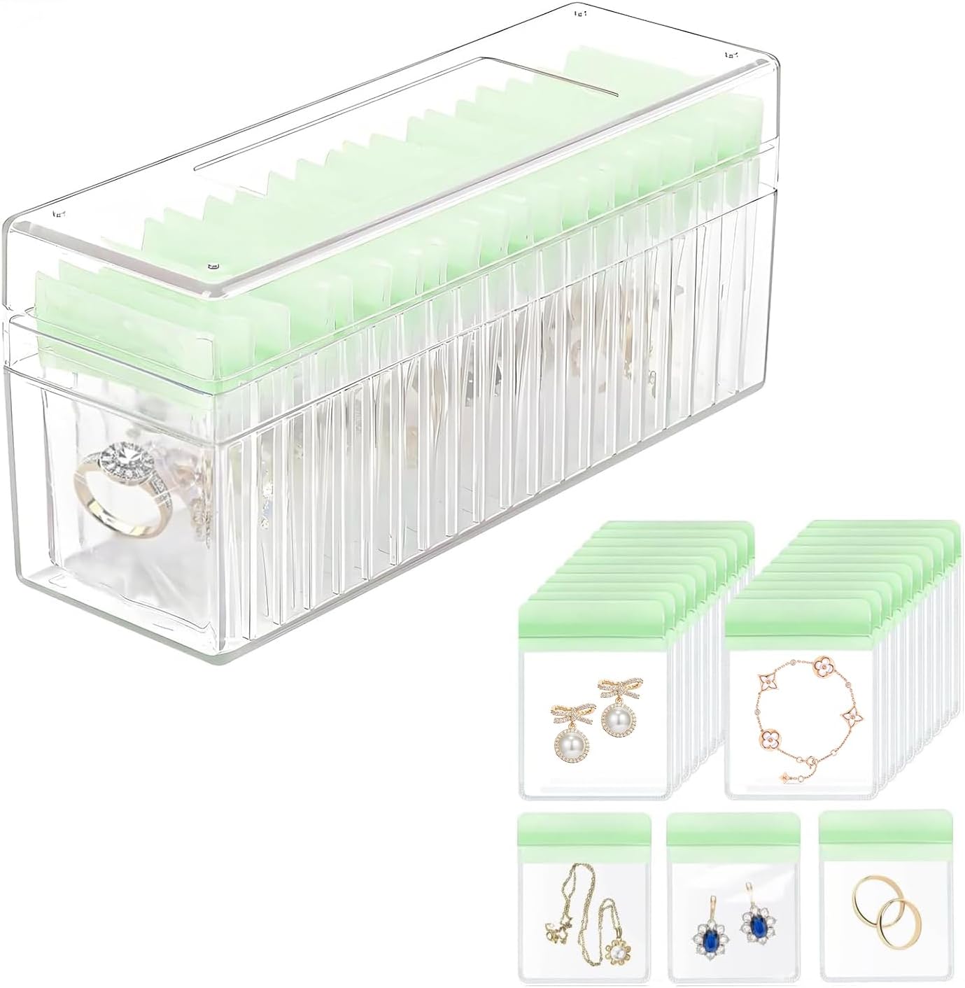 Inmorven 8.6"x2.8"x3.7" Clear Acrylic Travel Jewelry Box Organizer with Lid, 20 Pieces 2x3 Inches Green Small Zip Portable Storage bags for Rings, Earrings, Necklace, Bracelet