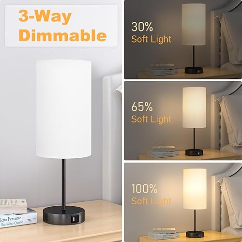 Miniatura 10 de AKASUKI Lámpara de mesa para dormitorio, lámpara táctil regulable de 3 vías con estación de carga doble, lámparas de noche pequeñas para mesitas de