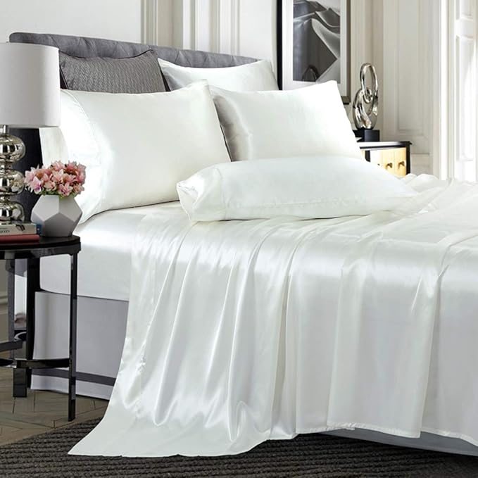 TREELY 6 Piece Satin Sheets Queen Size Silky Smooth Ivory