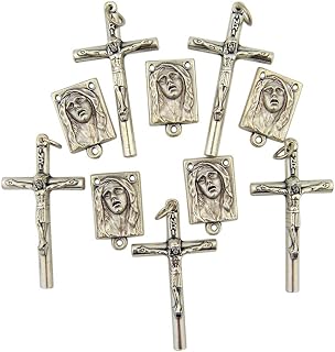 Silver Tone Sorrowful Madonna Rosary Medals with Tubular Crucifixes, Lot of 10, 1 1/2 Inch