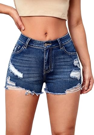 Jean Shorts for Women Summer Mid Waisted Skinny Stretchy Denim Shorts Casual Frayed Raw Hem Distressed Short Jeans
