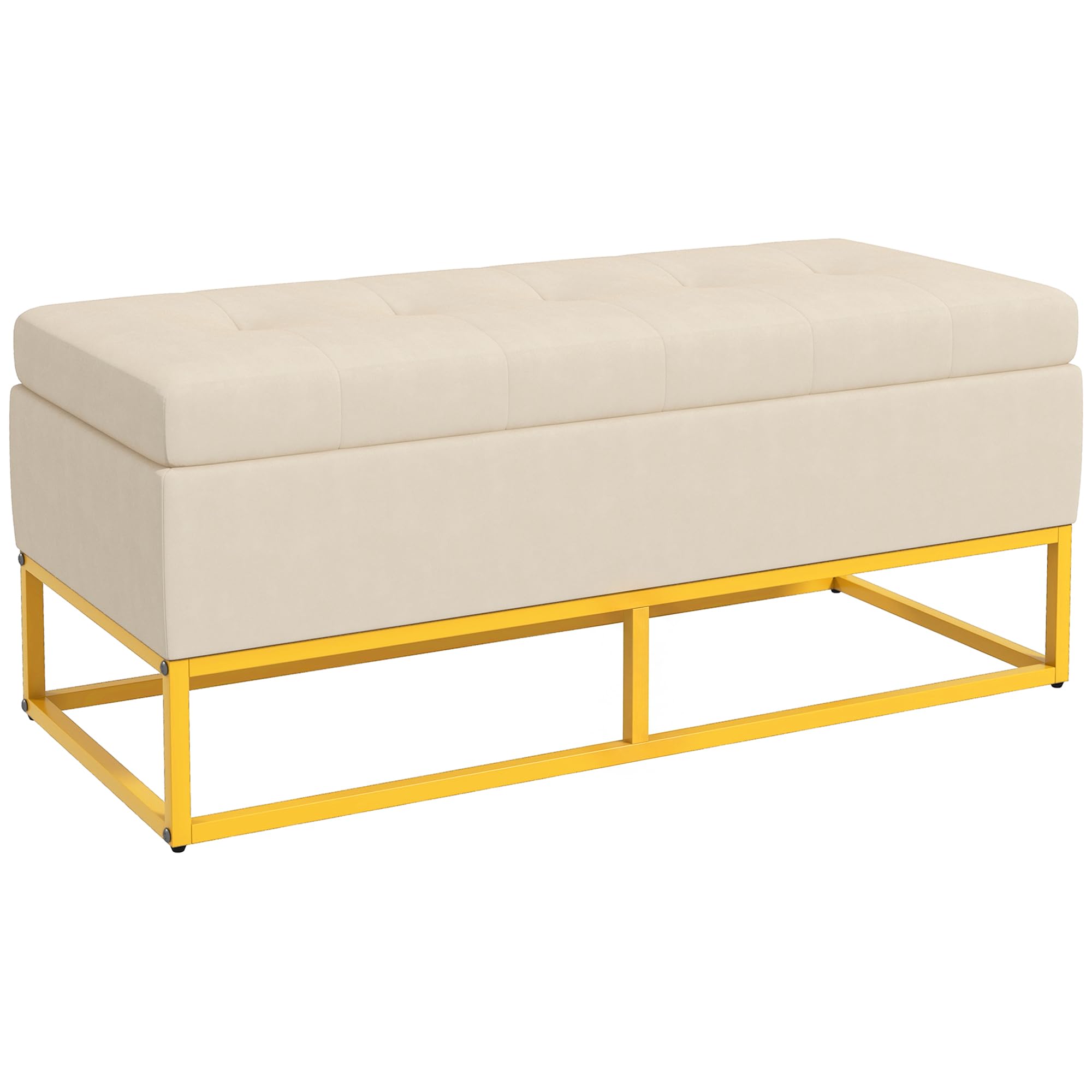 HOMCOM Sitzbank mit Stauraum Klappdeckel Sitztruhe Beige 110 x 44 x 49 cm | Gepolstert, Samtoptik, Polsterbank, Bettbank, Truhenbank mit Stahlbeine, Für Wohnzimmer, Schlafzimmer