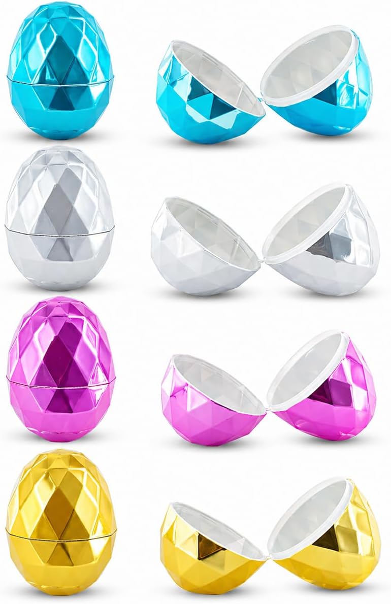 Set of 16 Multicolored Metallic Diamond Plastic Easter Eggs, 2.45 Inches