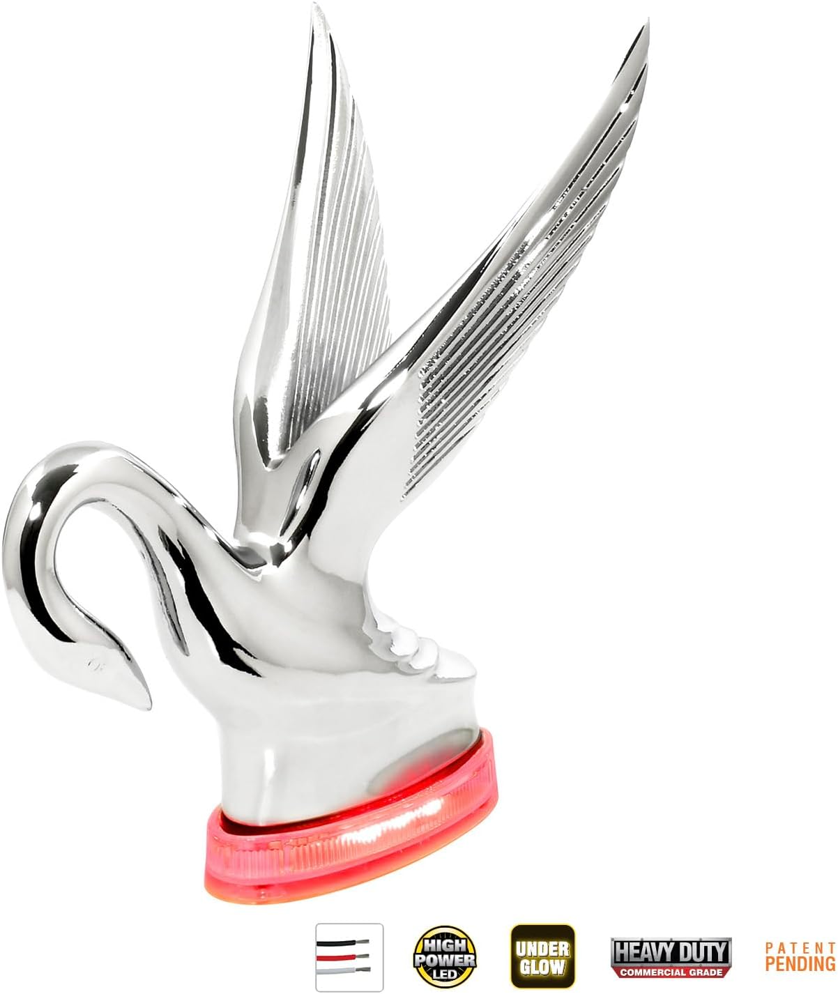 GG Grand General 47993 Chrome Classic Swan Hood Ornament with Red/Clear 6 LED Glow Base