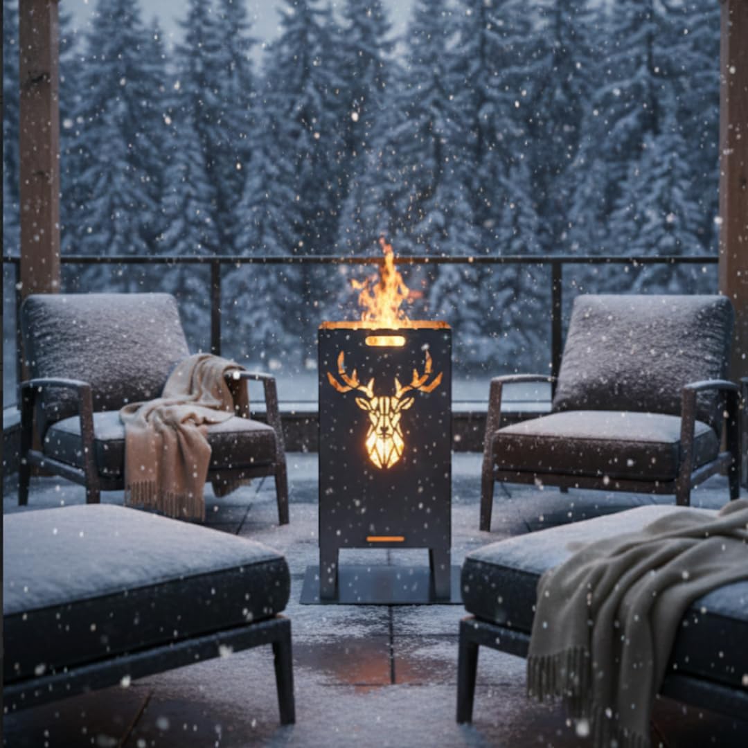 Feuertonne Hirsch & Löwe - Massive Feuerkorb Feuerschale aus Stahl Outdoor Firepit mit Motiv Stabil, Wetterfest, Perfekt für Garten, Terrasse Funkenflugschutz Cut-Out Design (50cm Hirsch)
