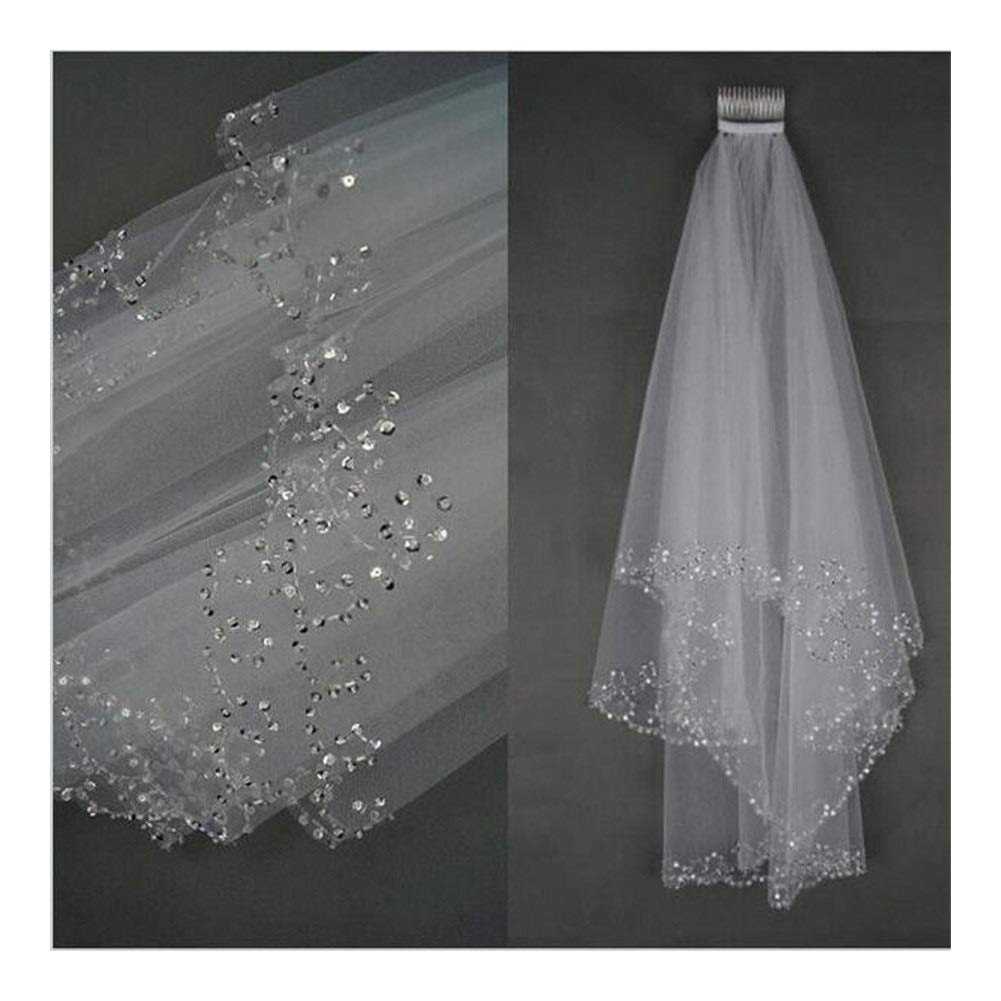 Velos de Novia Velo de Novia Corto con Cuentas Dos Capas Tul con Lentejuelas Blanco/Marfil 75 cm de Largo con Peine Borde con Cuentas Accesorios de Novia para Mujer Herm